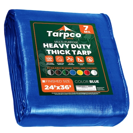 Tarpco Safety Heavy Duty Tarp, 36 ft L x 0.5 mm H x 24 ft W, 7 Mil, Blue, Polyethylene TS-205-24X36